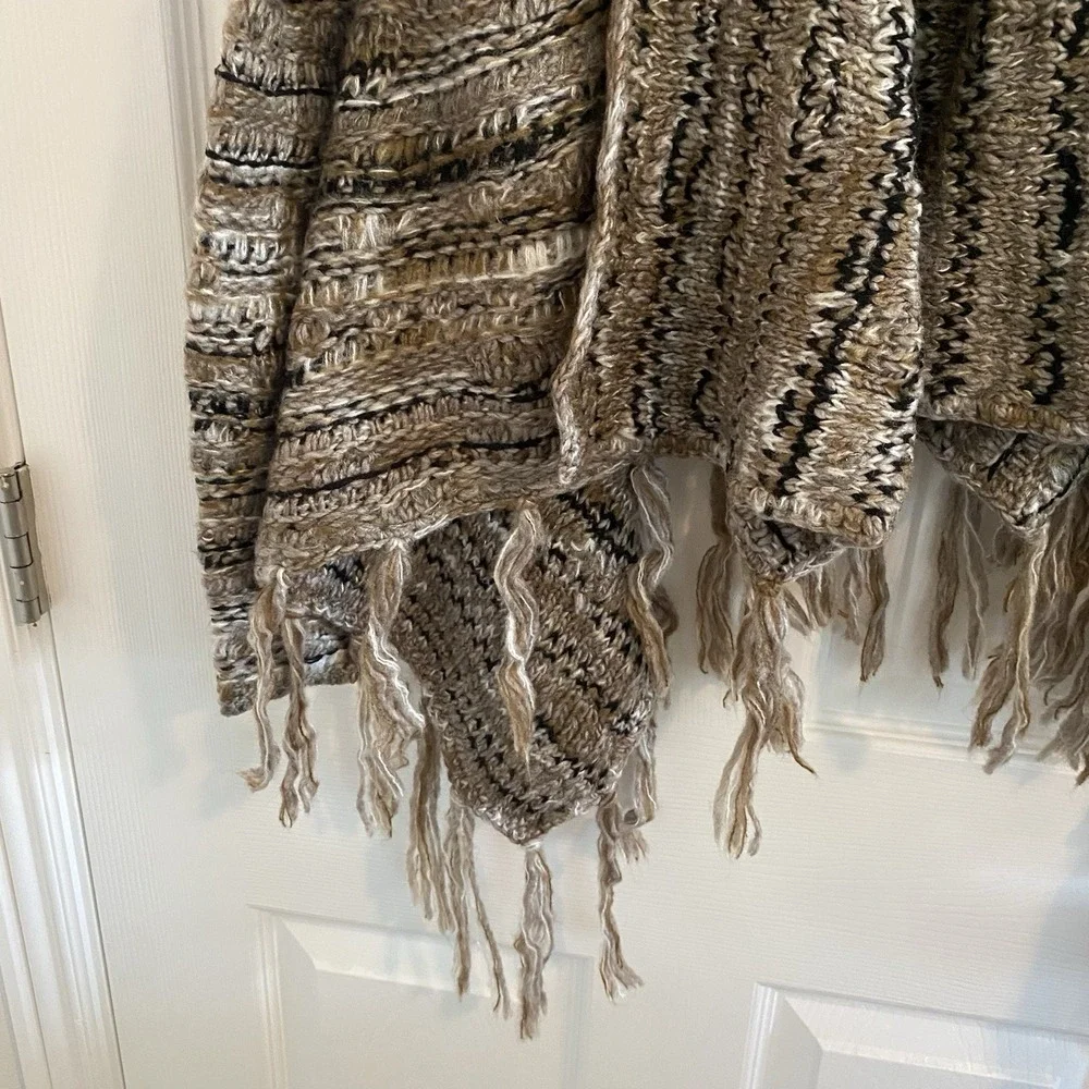 Skies Are Blue Women M Cable Knit Open Cardigan Blazer Fringed Wool Blend Brown‎